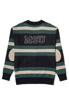 michigan state university rugby stripe cardigan knit sweater back views – MSU green and white stripes inspired by classic spartans varsity style by soundoff.