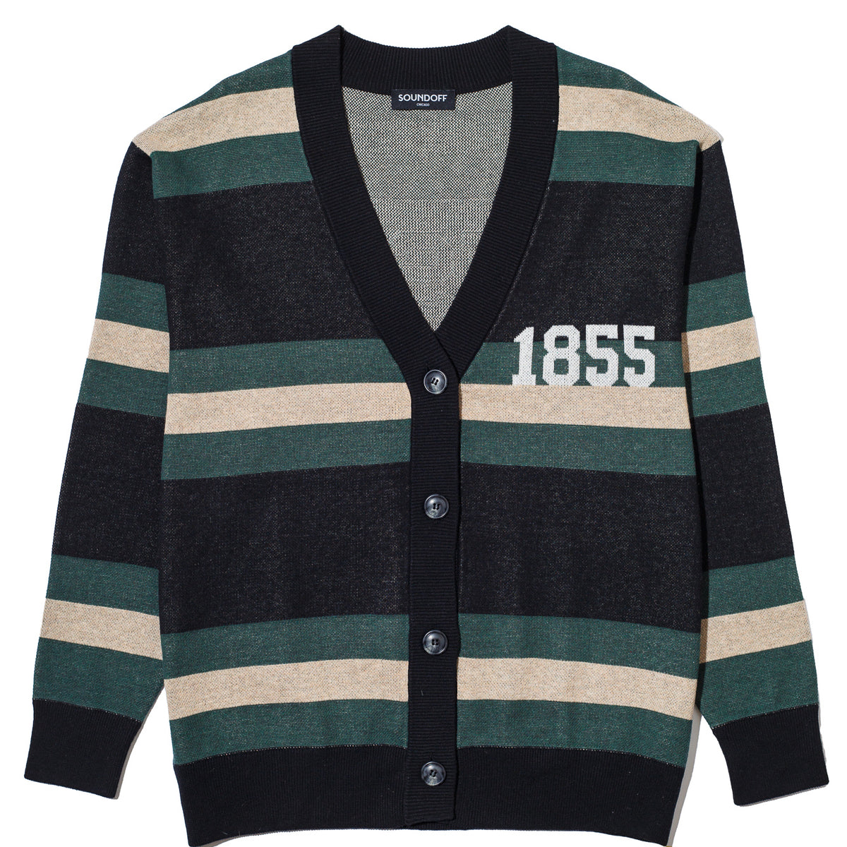 michigan state university rugby stripe cardigan knit sweater front view – MSU green and white stripes inspired by classic spartans varsity style by soundoff.