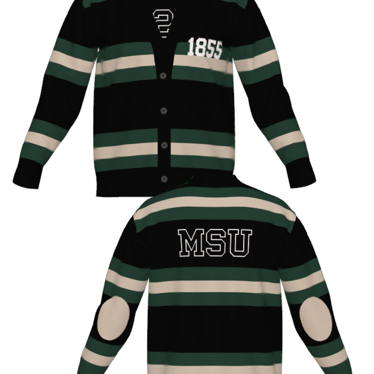 michigan state university rugby stripe cardigan knit sweater front and back views – MSU green and white stripes inspired by classic spartans varsity style by soundoff.