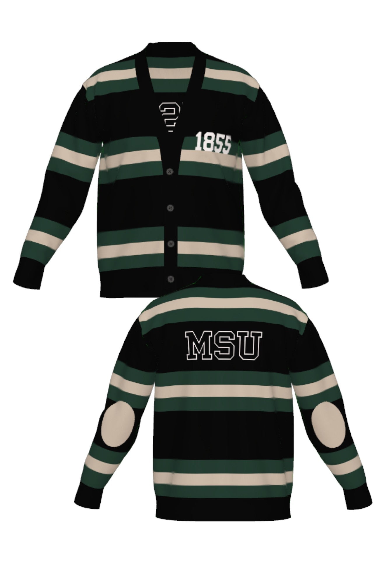michigan state university rugby stripe cardigan knit sweater front and back views – MSU green and white stripes inspired by classic spartans varsity style by soundoff.