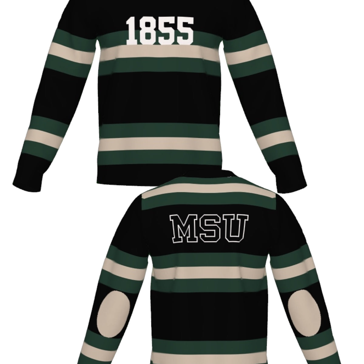 michigan state university rugby stripe classic crew neck knit sweater front and back views – MSU green and white stripes inspired by classic spartans varsity style by soundoff.
