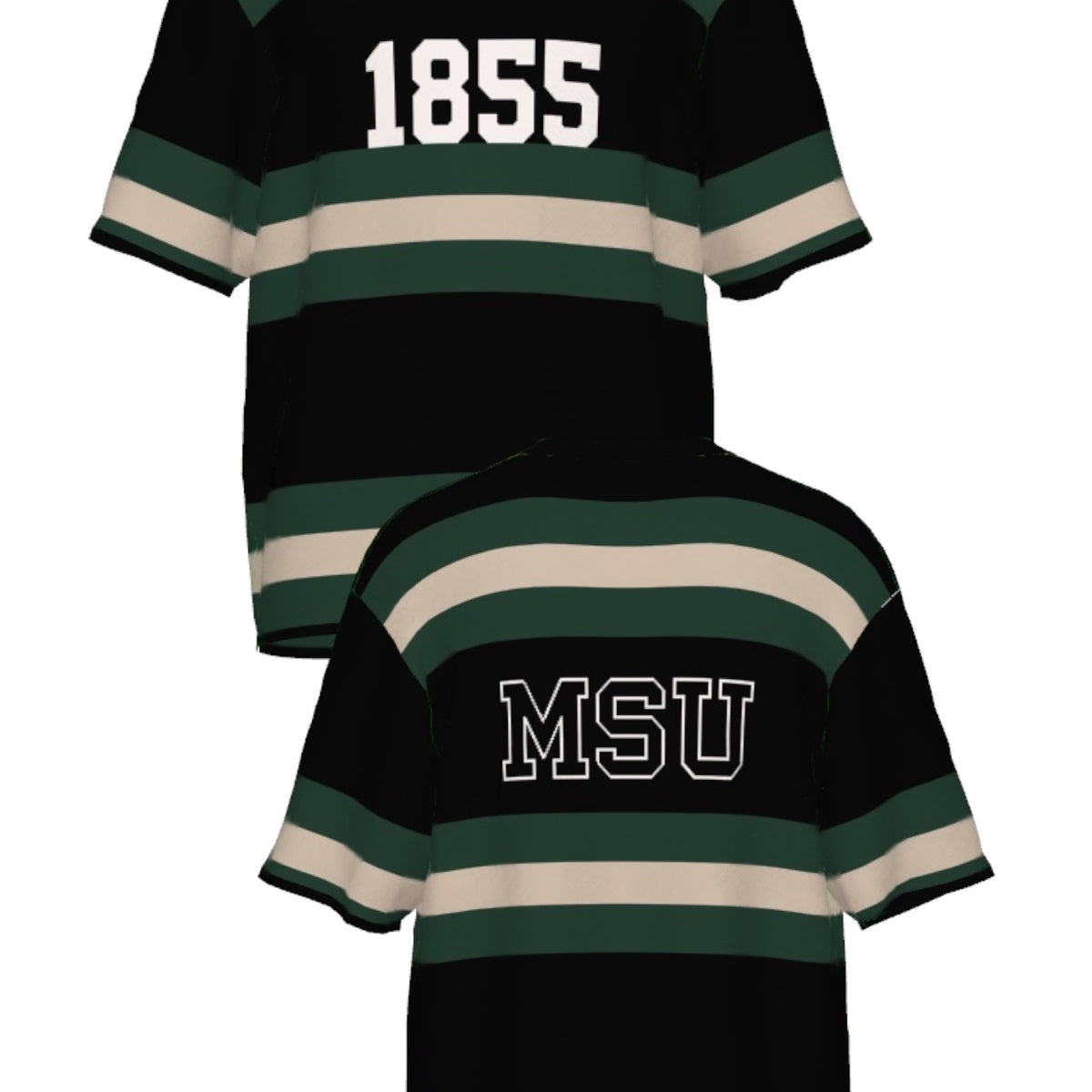 michigan state university rugby stripe short sleeve knit sweater front and back views – MSU green and white stripes inspired by classic spartans varsity style by soundoff.