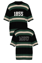 michigan state university rugby stripe short sleeve knit sweater front and back views – MSU green and white stripes inspired by classic spartans varsity style by soundoff.