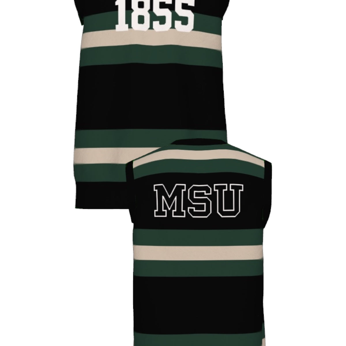 michigan state university rugby stripe v neck vest knit sweater front and back views – MSU green and white stripes inspired by classic spartans varsity style by soundoff.