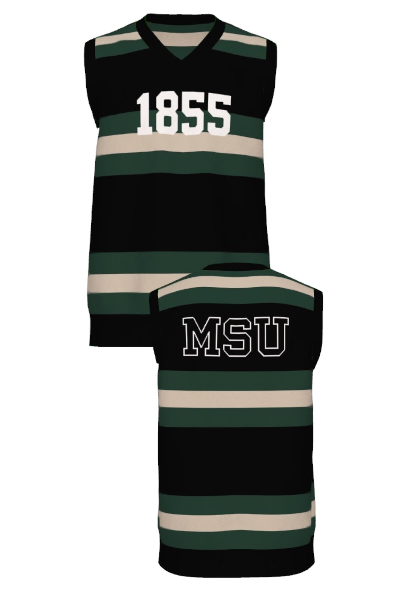 michigan state university rugby stripe v neck vest knit sweater front and back views – MSU green and white stripes inspired by classic spartans varsity style by soundoff.