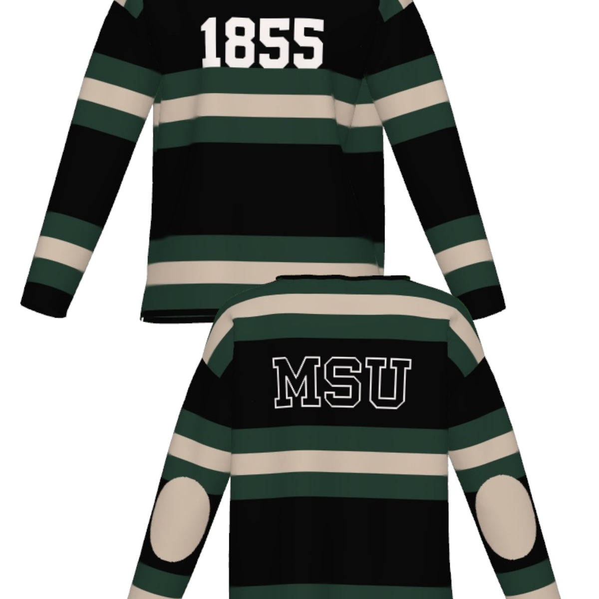 michigan state university rugby stripe women's knit sweater front and back views – MSU green and white stripes inspired by classic spartans varsity style by soundoff.