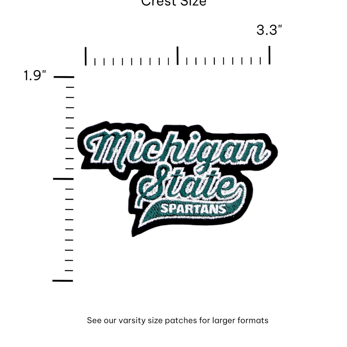 michigan state spartans script embroidered crest patch in spartan green white and black – official msu iron-on patch for apparel and accessories by soundoff with size