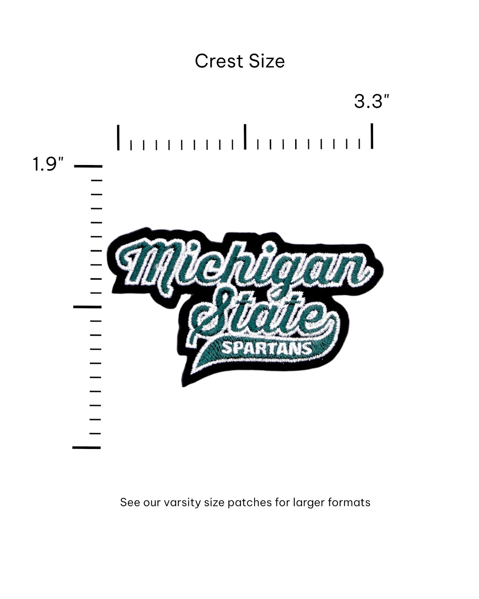 michigan state spartans script embroidered crest patch in spartan green white and black – official msu iron-on patch for apparel and accessories by soundoff with size