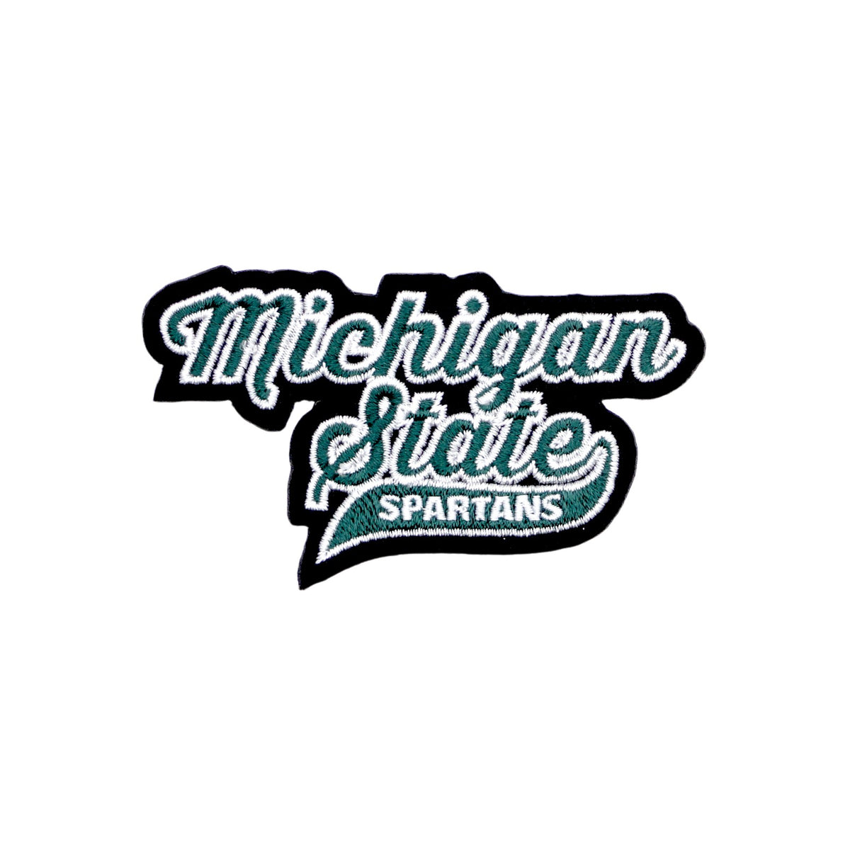 michigan state spartans script embroidered crest patch in spartan green white and black – official msu iron-on patch for apparel and accessories by soundoff