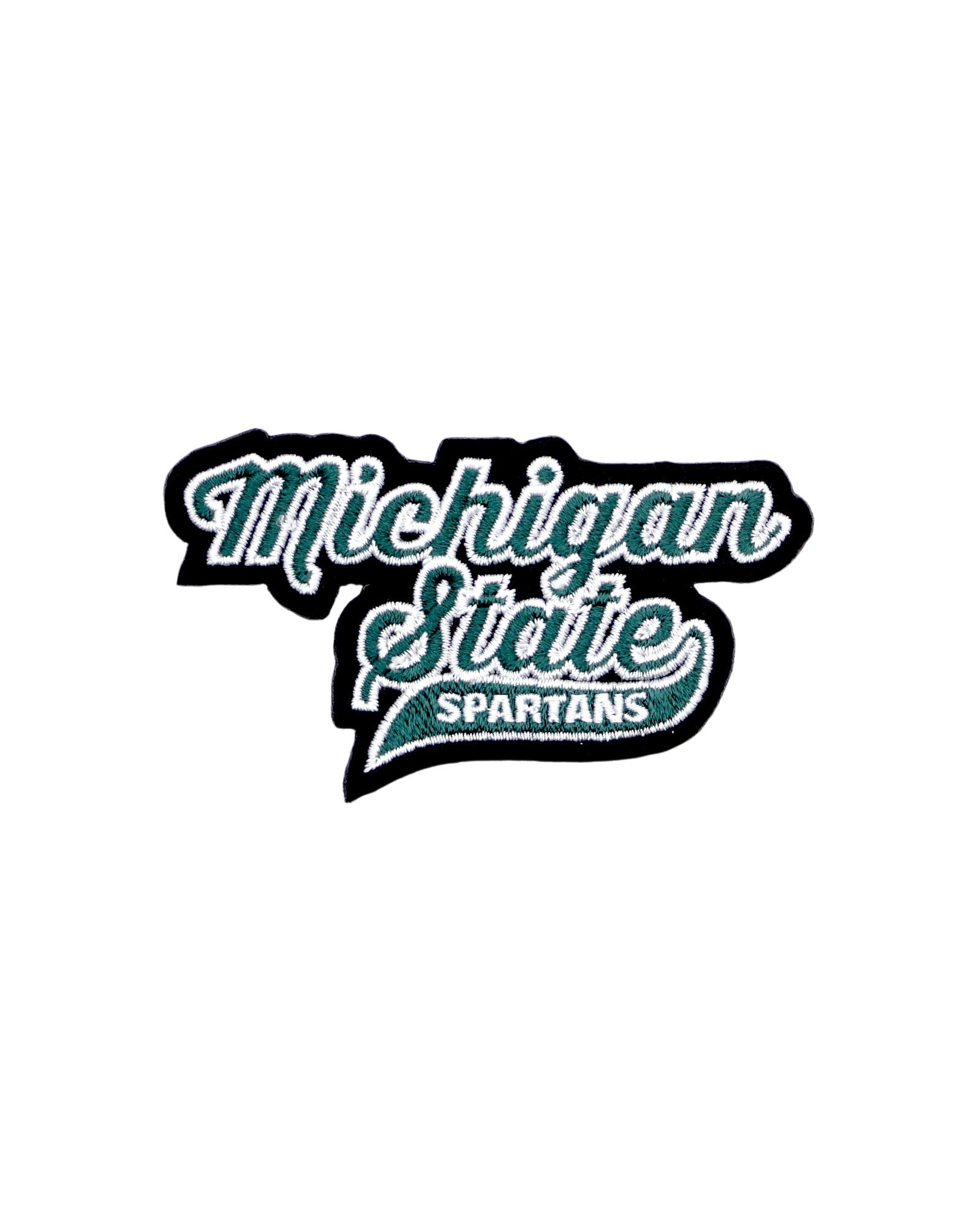 michigan state spartans script embroidered crest patch in spartan green white and black – official msu iron-on patch for apparel and accessories by soundoff