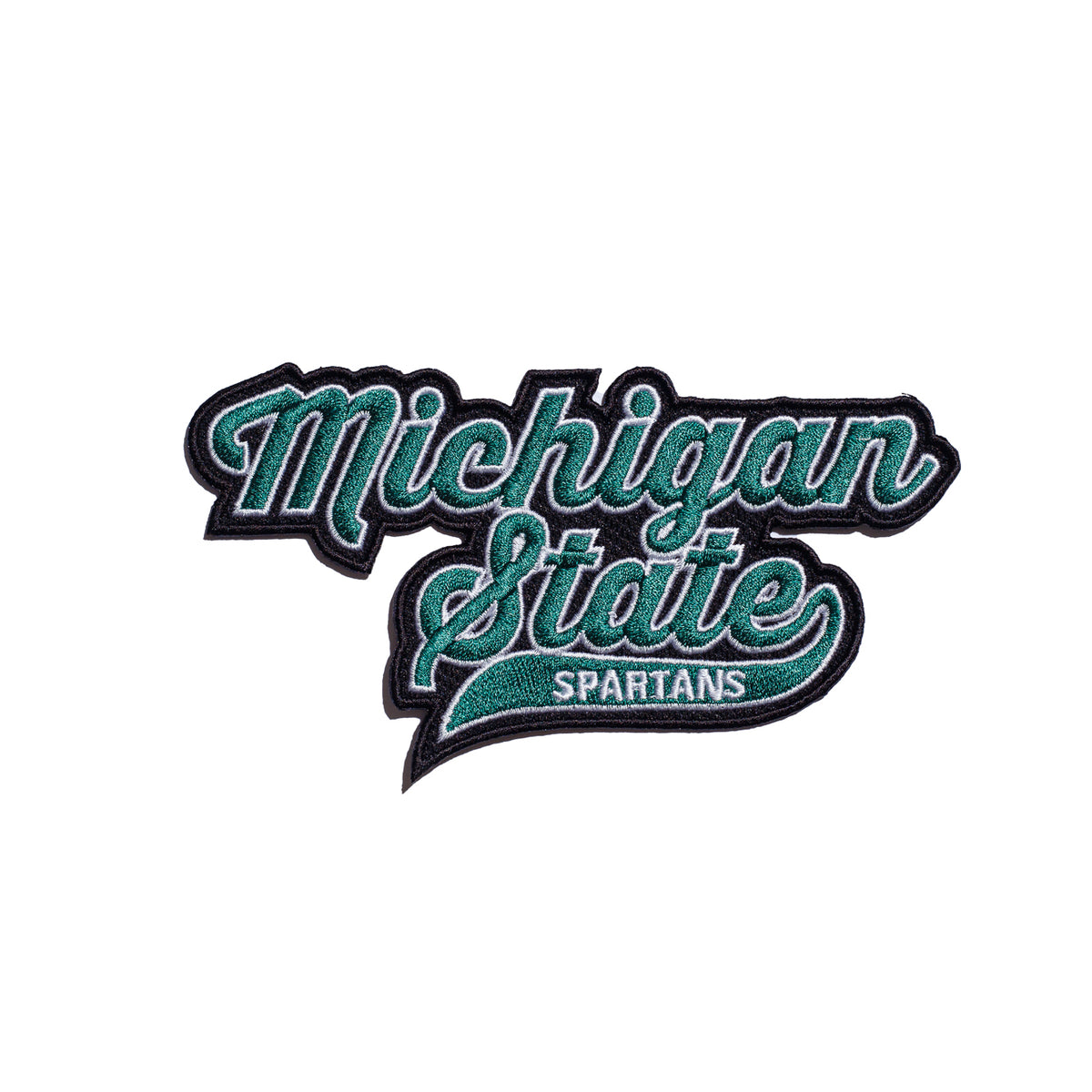 michigan state spartans script embroidered patch 6 inch wide by 3 inch tall in spartan green white and black – official msu iron-on patch for apparel and accessories by soundoff