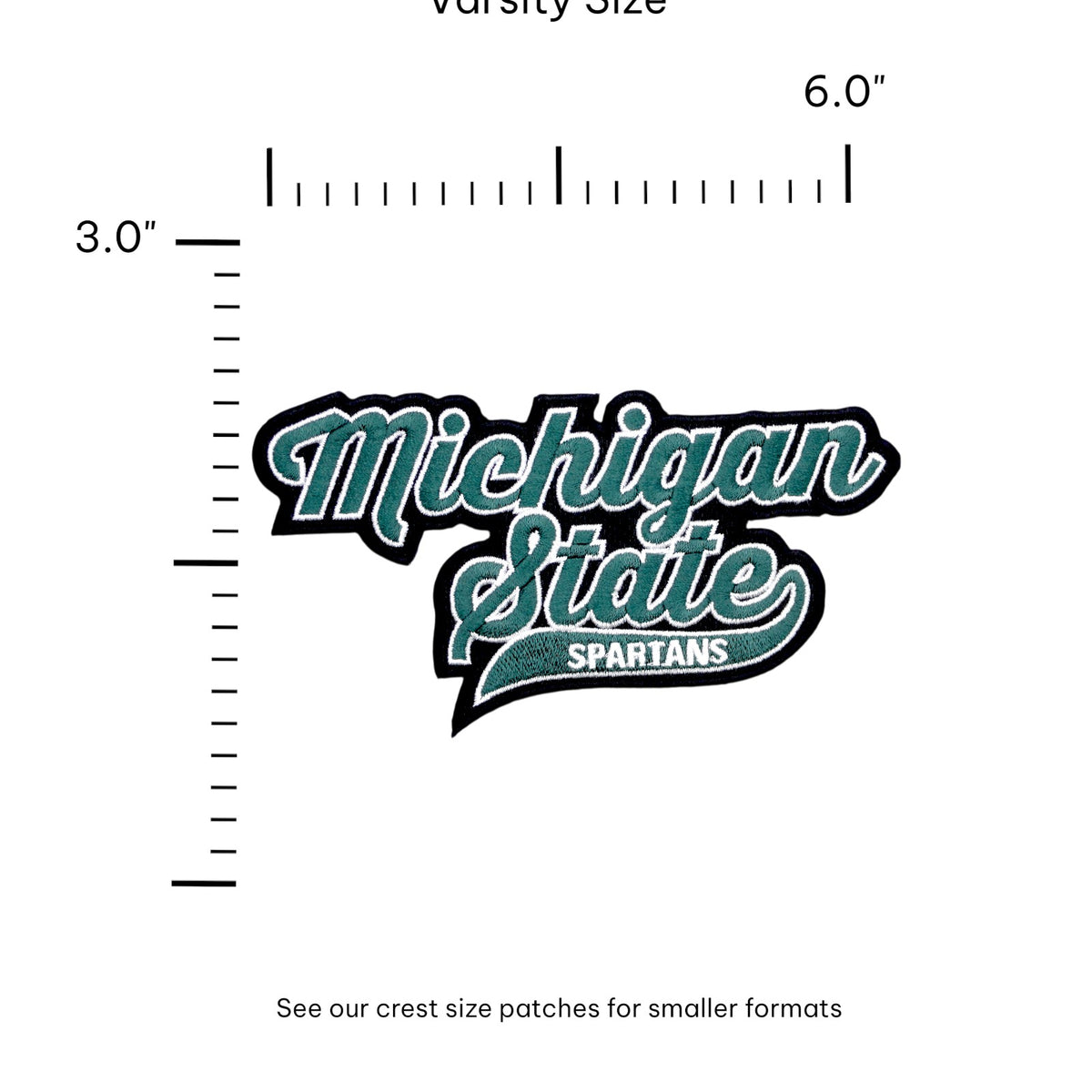 michigan state spartans script embroidered patch 6 inch wide by 3 inch tall in spartan green white and black – official msu iron-on patch for apparel and accessories by soundoff with size