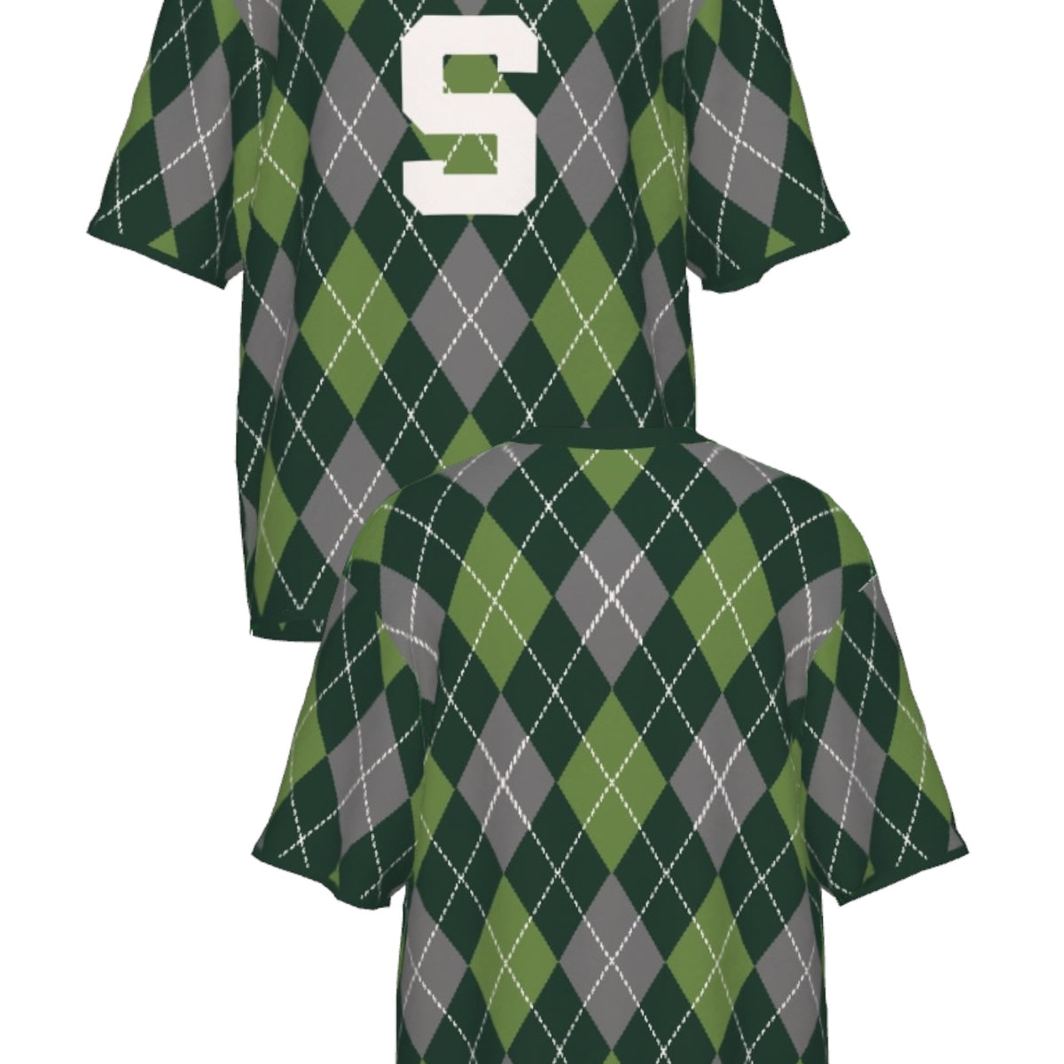 michigan state university short sleeve argyle knit sweater front and back – pine green and white collegiate argyle pattern inspired by classic spartans style by soundoff