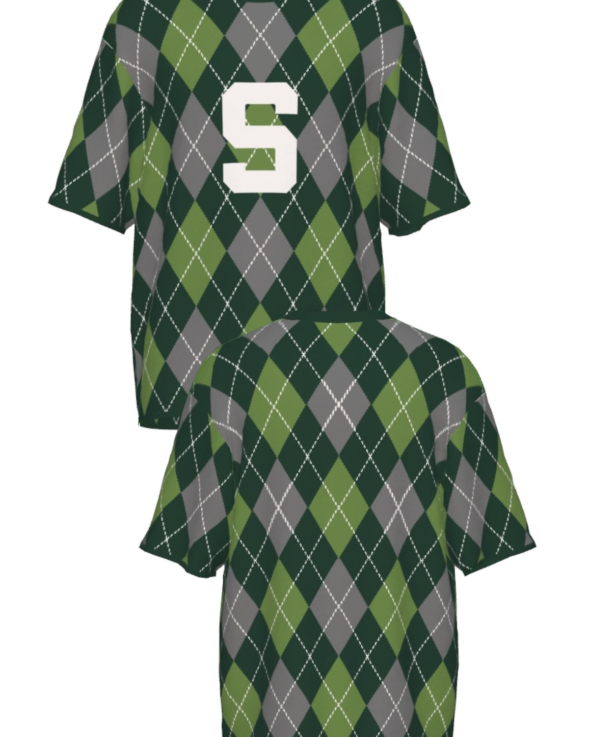 Michigan State University Spartans Argyle Knit Sweater short sleeve in Pine Green, Light Green and Charcoal Grey with knitted Bleach White Block S by SOUNDOFF - front and back