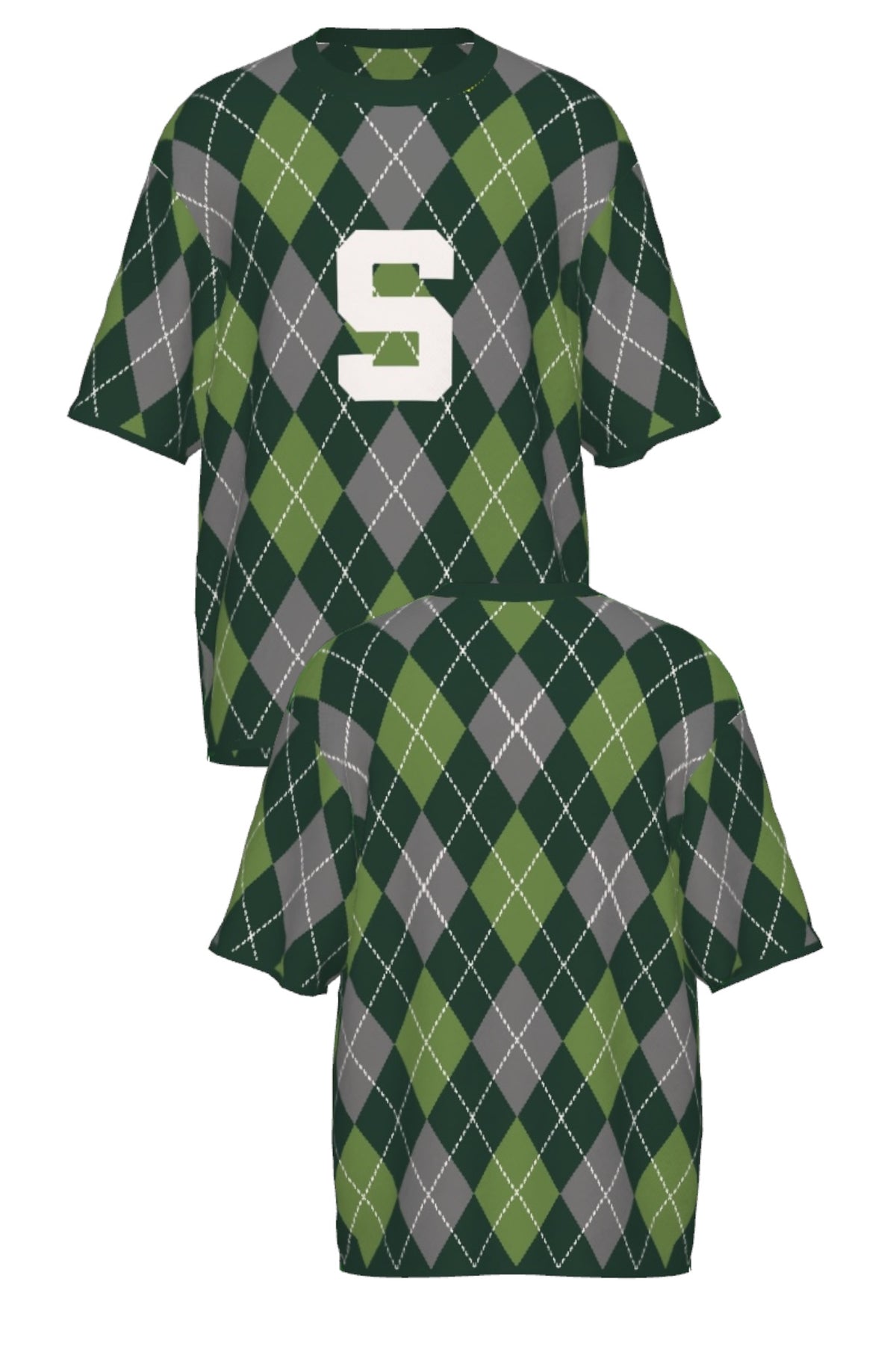 Michigan State University Spartans Argyle Knit Sweater short sleeve in Pine Green, Light Green and Charcoal Grey with knitted Bleach White Block S by SOUNDOFF - front and back