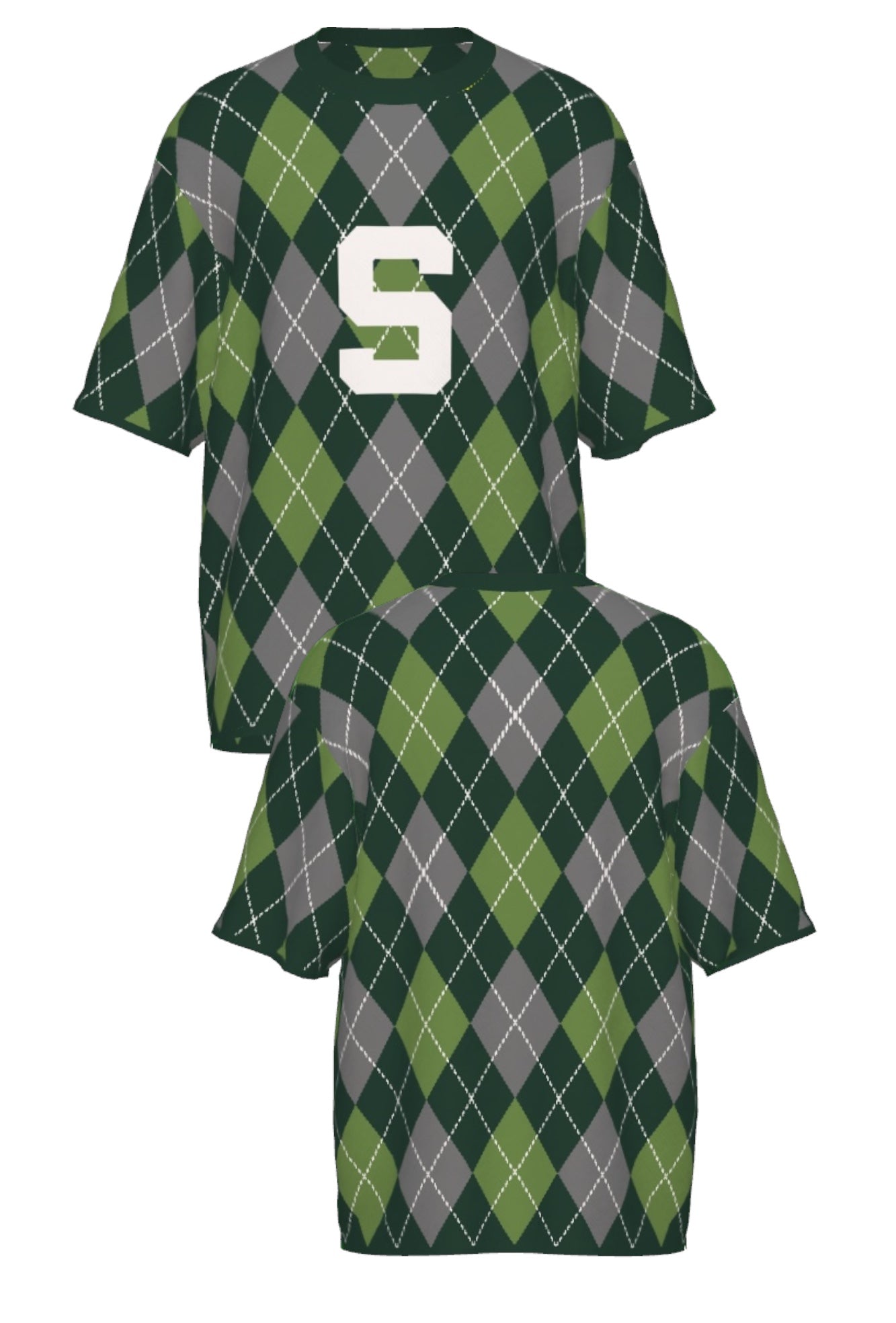 michigan state university short sleeve argyle knit sweater front and back – pine green and white collegiate argyle pattern inspired by classic spartans style by soundoff