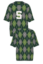 michigan state university short sleeve argyle knit sweater front and back – pine green and white collegiate argyle pattern inspired by classic spartans style by soundoff