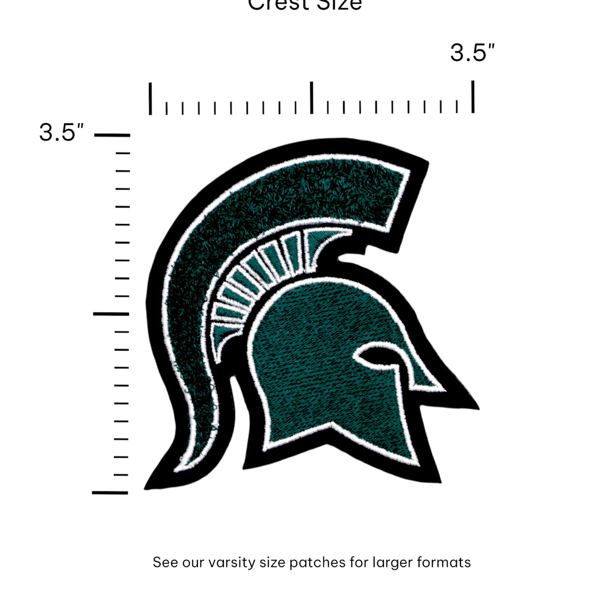 michigan state university spartan helmet chenille and embroidered iron-on crest patch front view in green white and black by soundoff with size