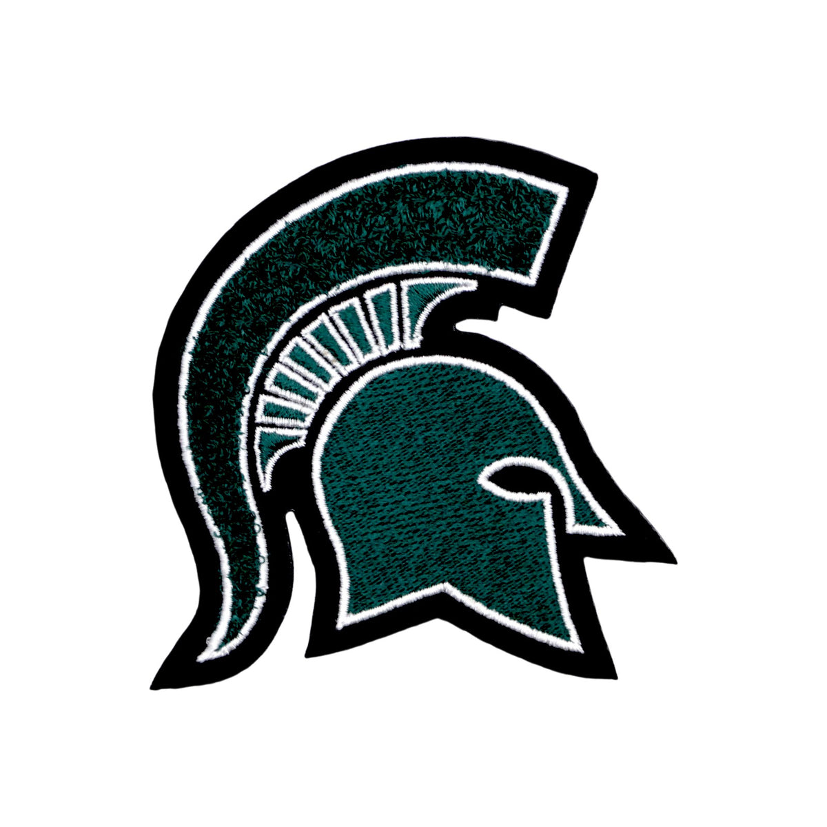 michigan state university spartan helmet chenille and embroidered iron-on crest patch front view in green white and black by soundoff