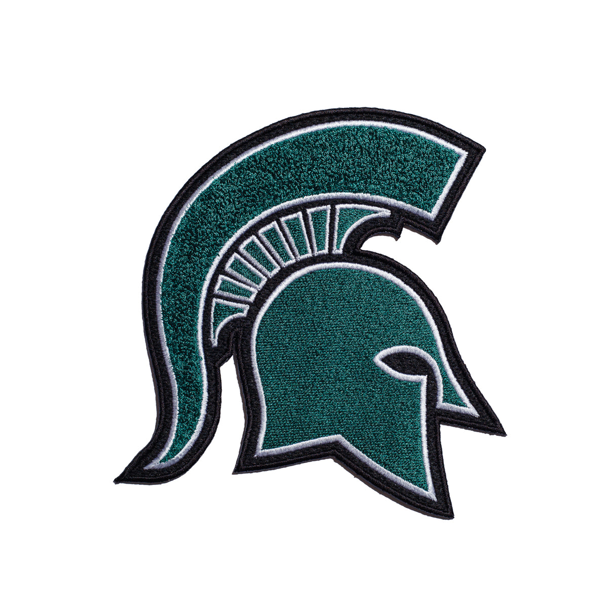 michigan state university spartan helmet chenille and embroidered iron-on patch front view in green white and black by soundoff
