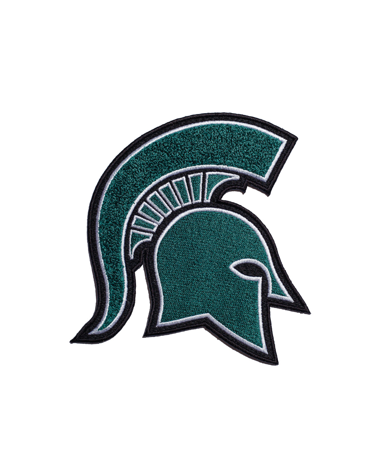 michigan state university spartan helmet chenille and embroidered iron-on patch front view in green white and black by soundoff