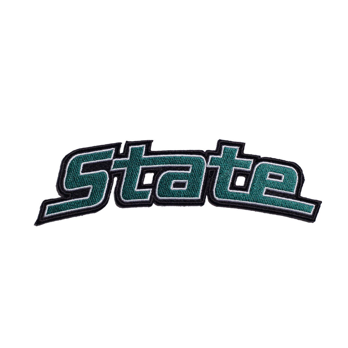 michigan state university “state” embroidered patch 7.0 x 2.0 inch front view in spartan green and white – officially licensed msu spartans gear by soundoff