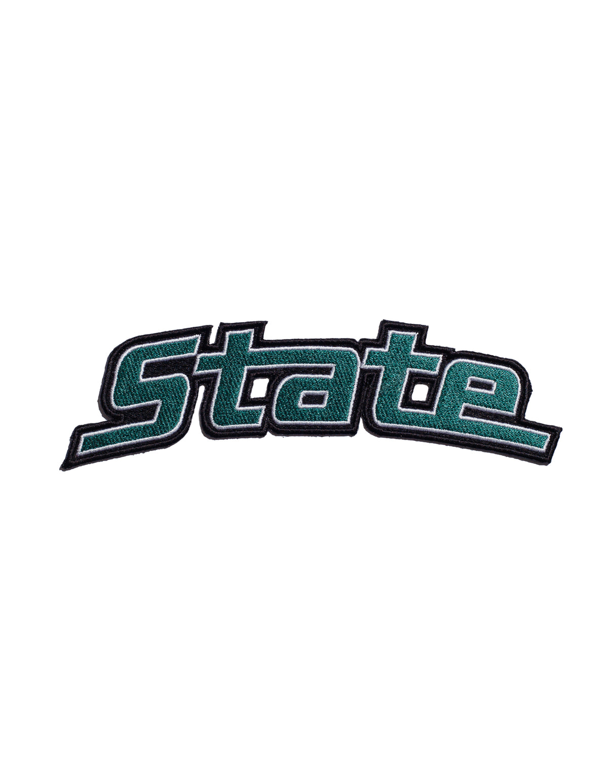 michigan state university “state” embroidered patch 7.0 x 2.0 inch front view in spartan green and white – officially licensed msu spartans gear by soundoff