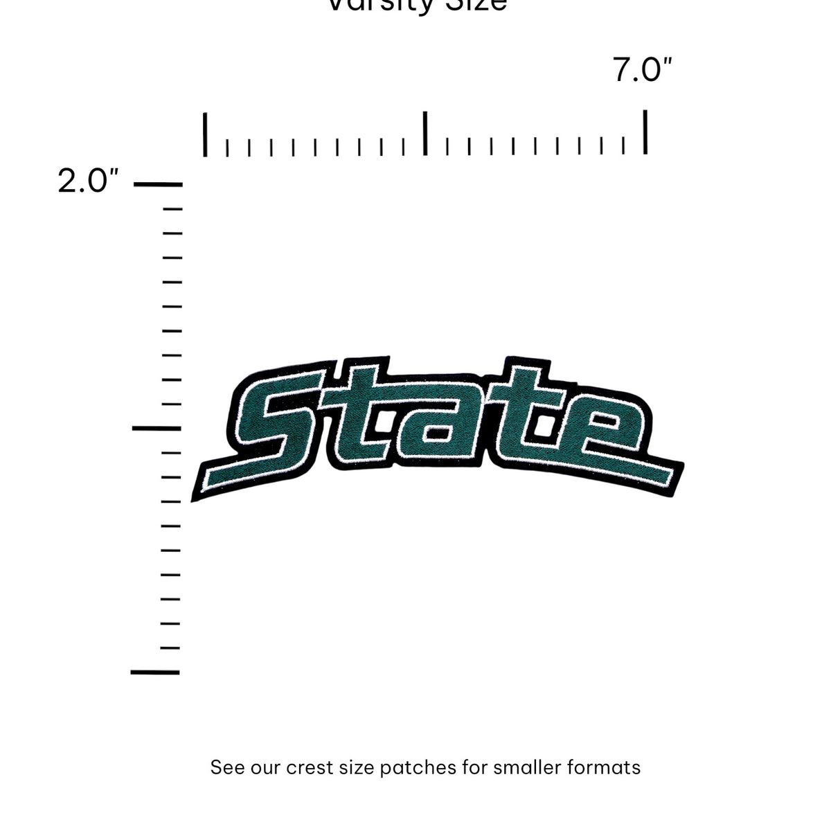 michigan state university “state” embroidered patch 7.0 x 2.0 inch front view in spartan green and white – officially licensed msu spartans gear by soundoff with size