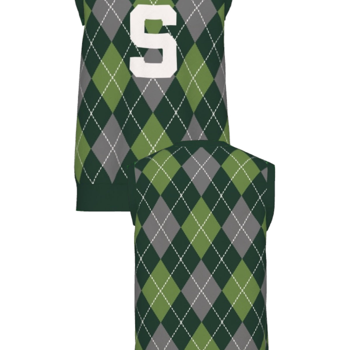 michigan state university V-Neck vest argyle knit sweater front and back – pine green and white collegiate argyle pattern inspired by classic spartans style by soundoff
