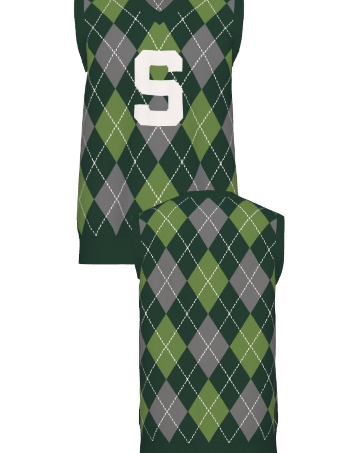 Michigan State University Spartans Argyle Knit Sweater V-Neck Vest in Pine Green, Light Green and Charcoal Grey with knitted Bleach White Block S by SOUNDOFF - front and back