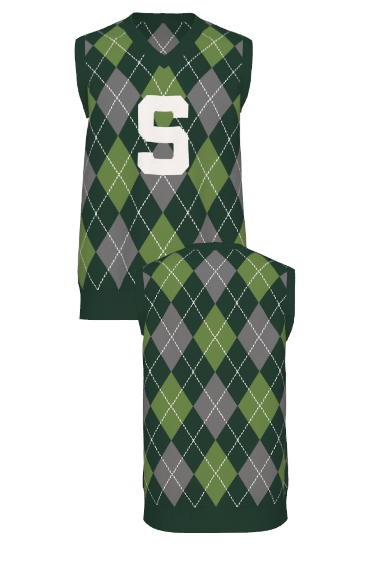 Michigan State University Spartans Argyle Knit Sweater V-Neck Vest in Pine Green, Light Green and Charcoal Grey with knitted Bleach White Block S by SOUNDOFF - front and back