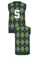 michigan state university V-Neck vest argyle knit sweater front and back – pine green and white collegiate argyle pattern inspired by classic spartans style by soundoff