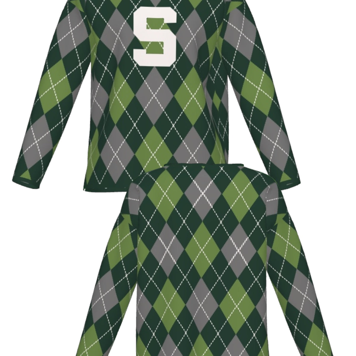 michigan state university women's argyle knit sweater front and back – pine green and white collegiate argyle pattern inspired by classic spartans style by soundoff