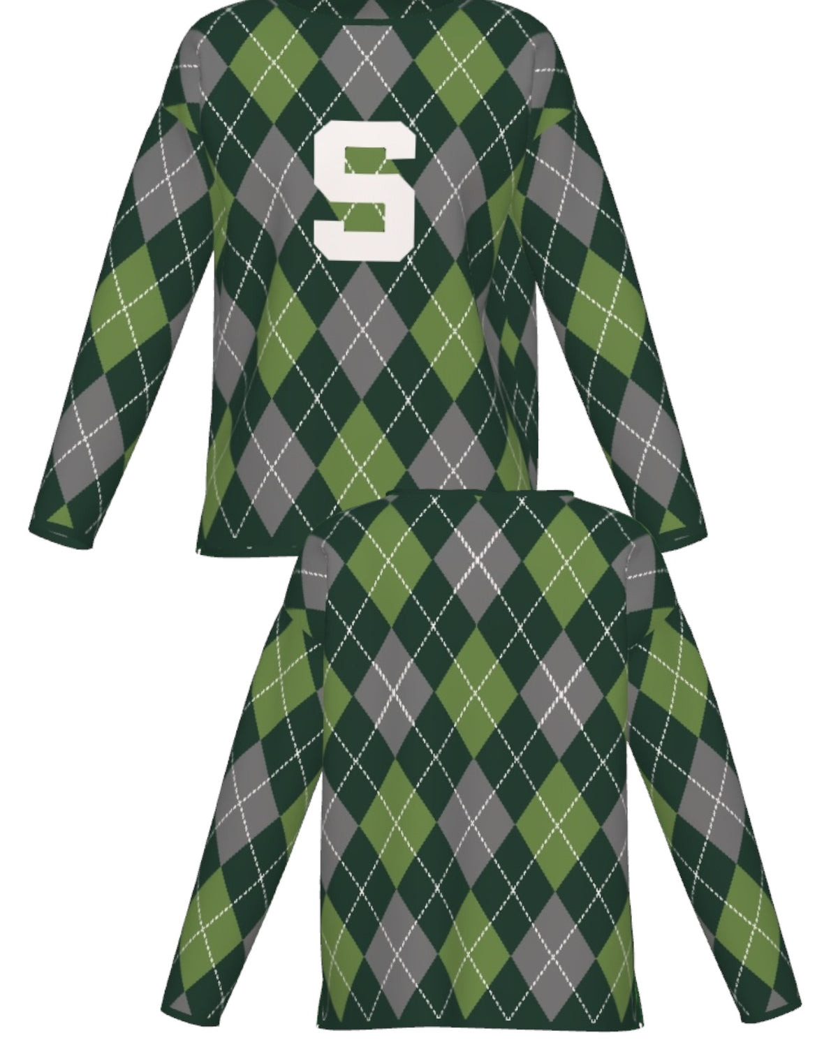 Michigan State University Spartans Argyle Knit Sweater women's in Pine Green, Light Green and Charcoal Grey with knitted Bleach White Block S by SOUNDOFF - front and back