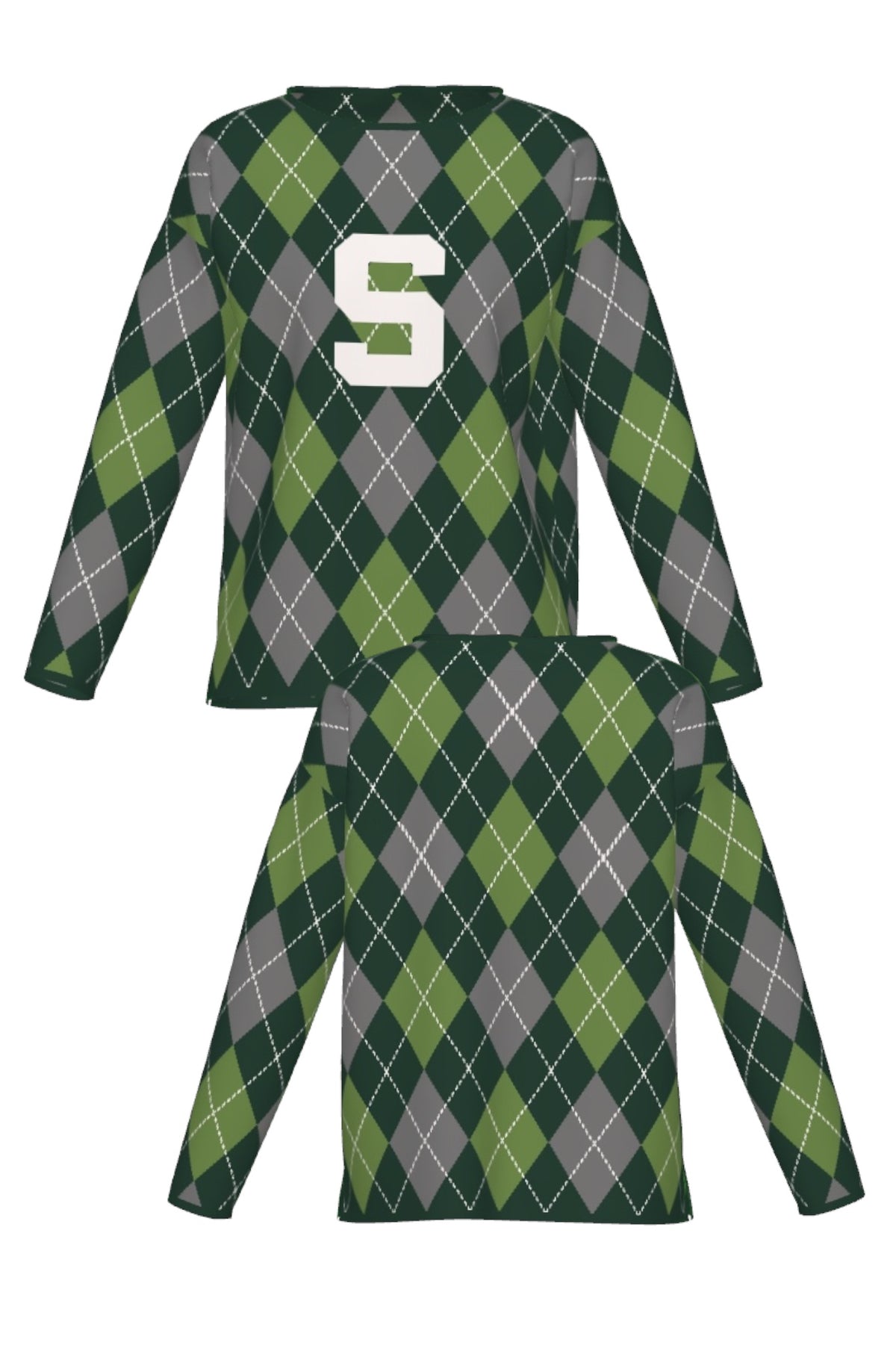 Michigan State University Spartans Argyle Knit Sweater women's in Pine Green, Light Green and Charcoal Grey with knitted Bleach White Block S by SOUNDOFF - front and back