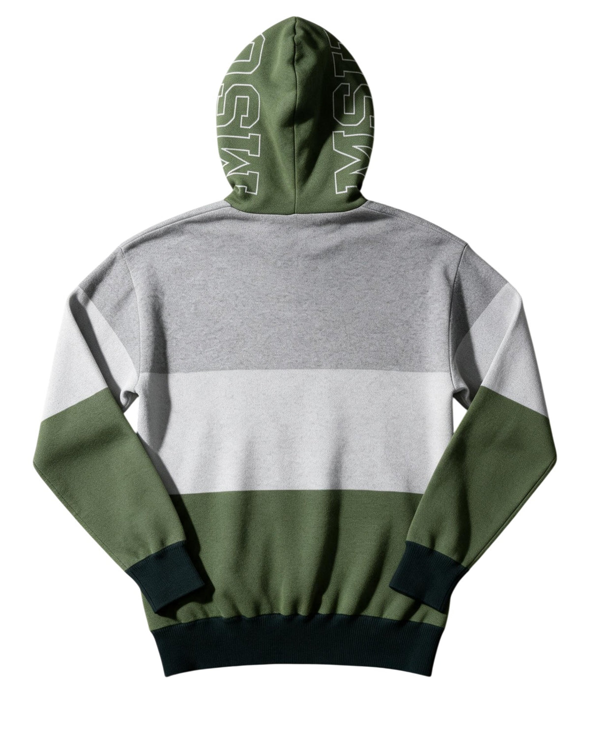 Michigan State Grass Green Varsity Tri Stripe Hooded Knit Sweater with white MSU Outline graphic on grass green hood by SOUNDOFF - back