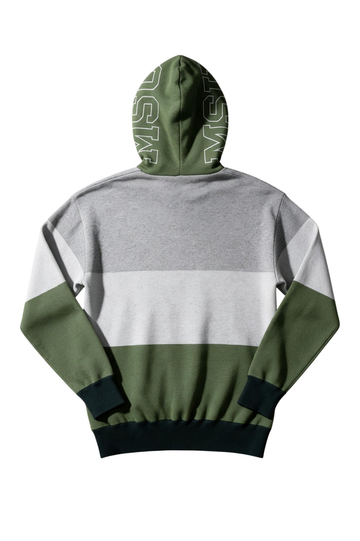 Michigan State Grass Green Varsity Tri Stripe Hooded Knit Sweater with white MSU Outline graphic on grass green hood by SOUNDOFF - back