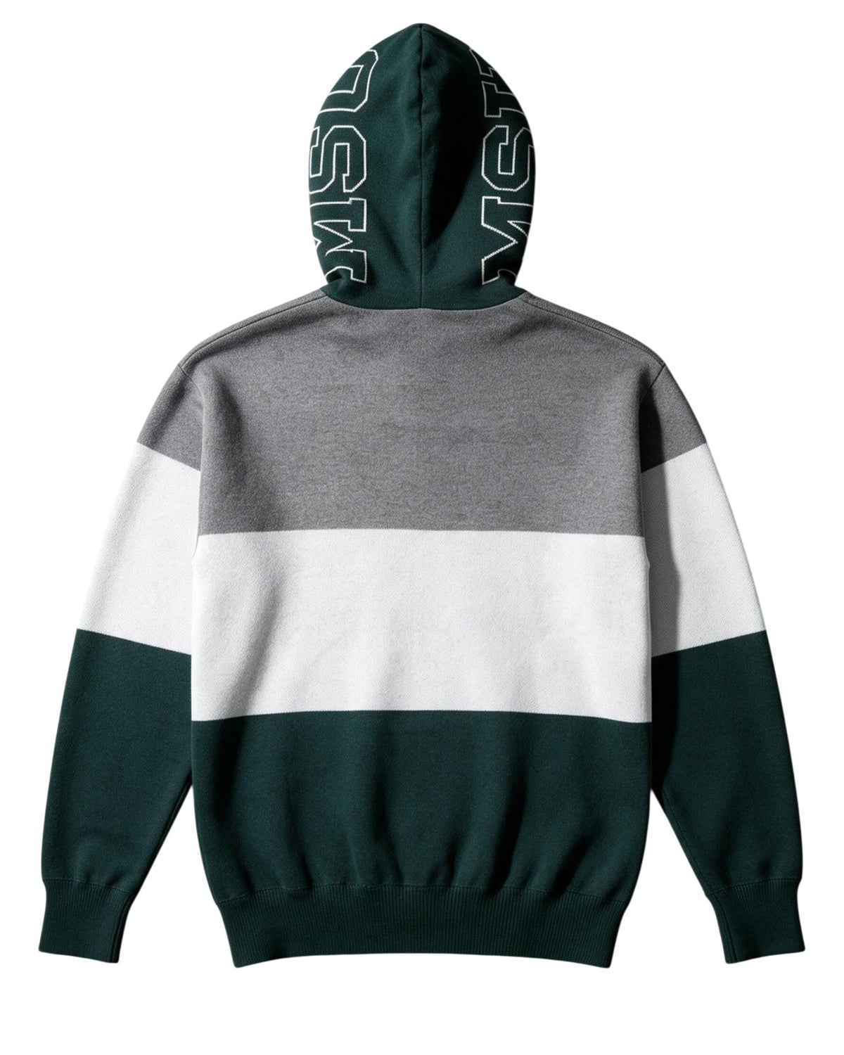 Michigan State Pine Green Varsity Tri Stripe Hooded Knit Sweater with white MSU Outline graphic on pine green hood by SOUNDOFF - back