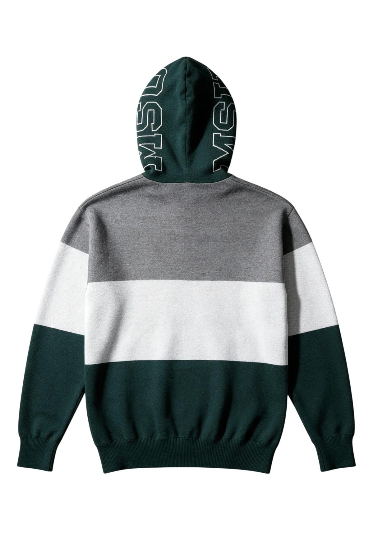 Michigan State Pine Green Varsity Tri Stripe Hooded Knit Sweater with white MSU Outline graphic on pine green hood by SOUNDOFF - back