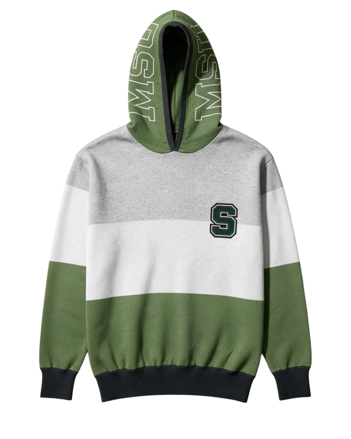 Michigan State Grass Green Varsity Tri Stripe Hooded Knit Sweater with white MSU Outline graphic on grass green hood by SOUNDOFF - front
