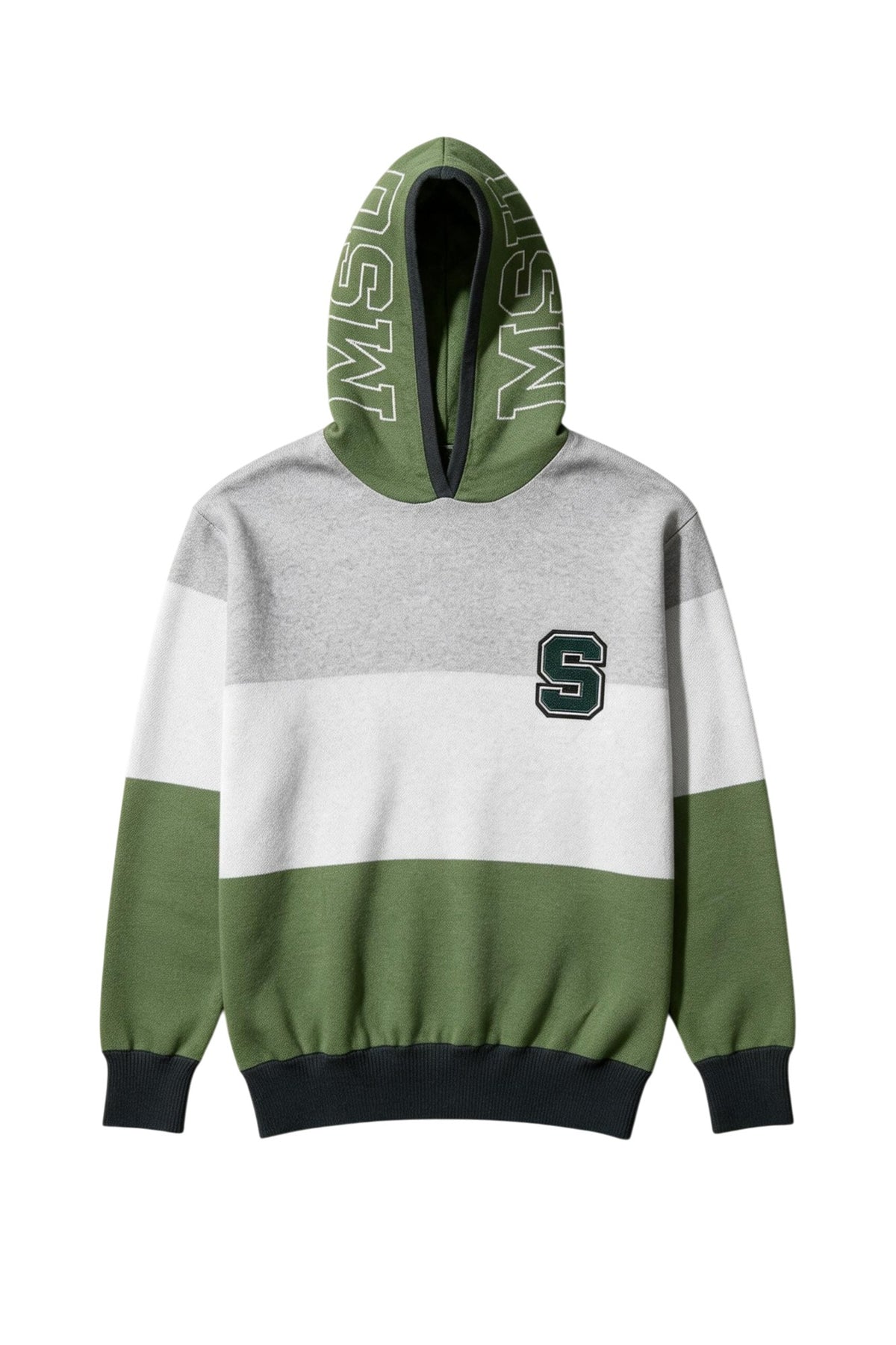Michigan State Grass Green Varsity Tri Stripe Hooded Knit Sweater with white MSU Outline graphic on grass green hood by SOUNDOFF - front