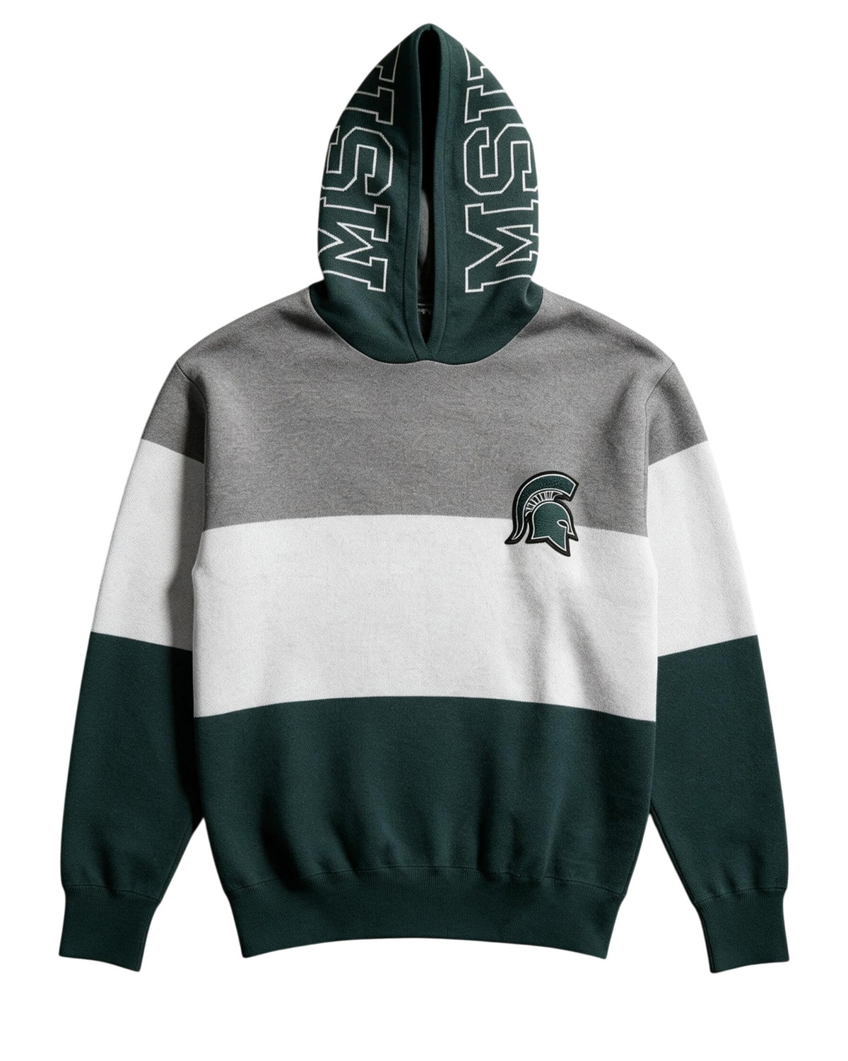 Michigan State Pine Green Varsity Tri Stripe Hooded Knit Sweater with white MSU Outline graphic on pine green hood by SOUNDOFF - front