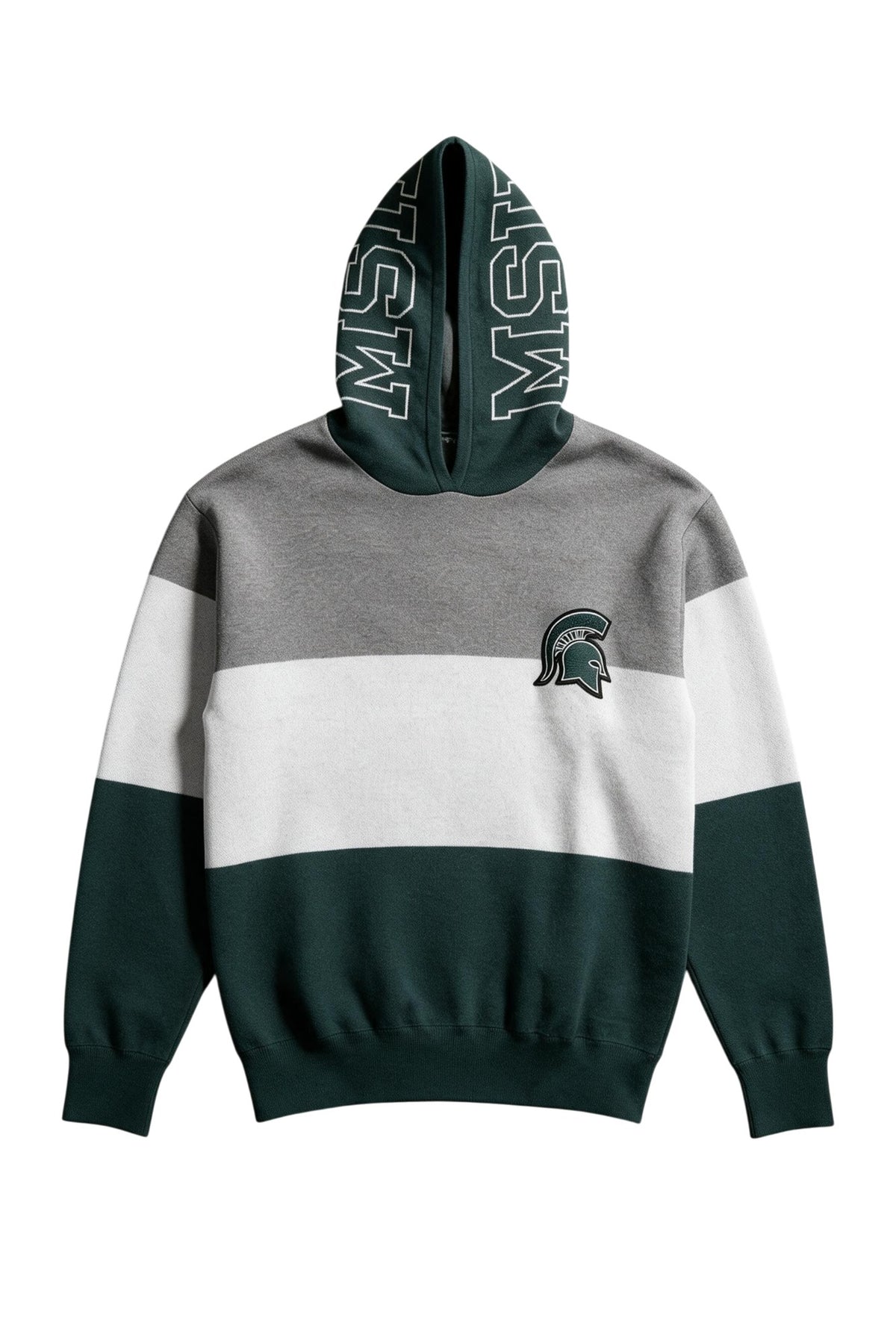 Michigan State Pine Green Varsity Tri Stripe Hooded Knit Sweater with white MSU Outline graphic on pine green hood by SOUNDOFF - front