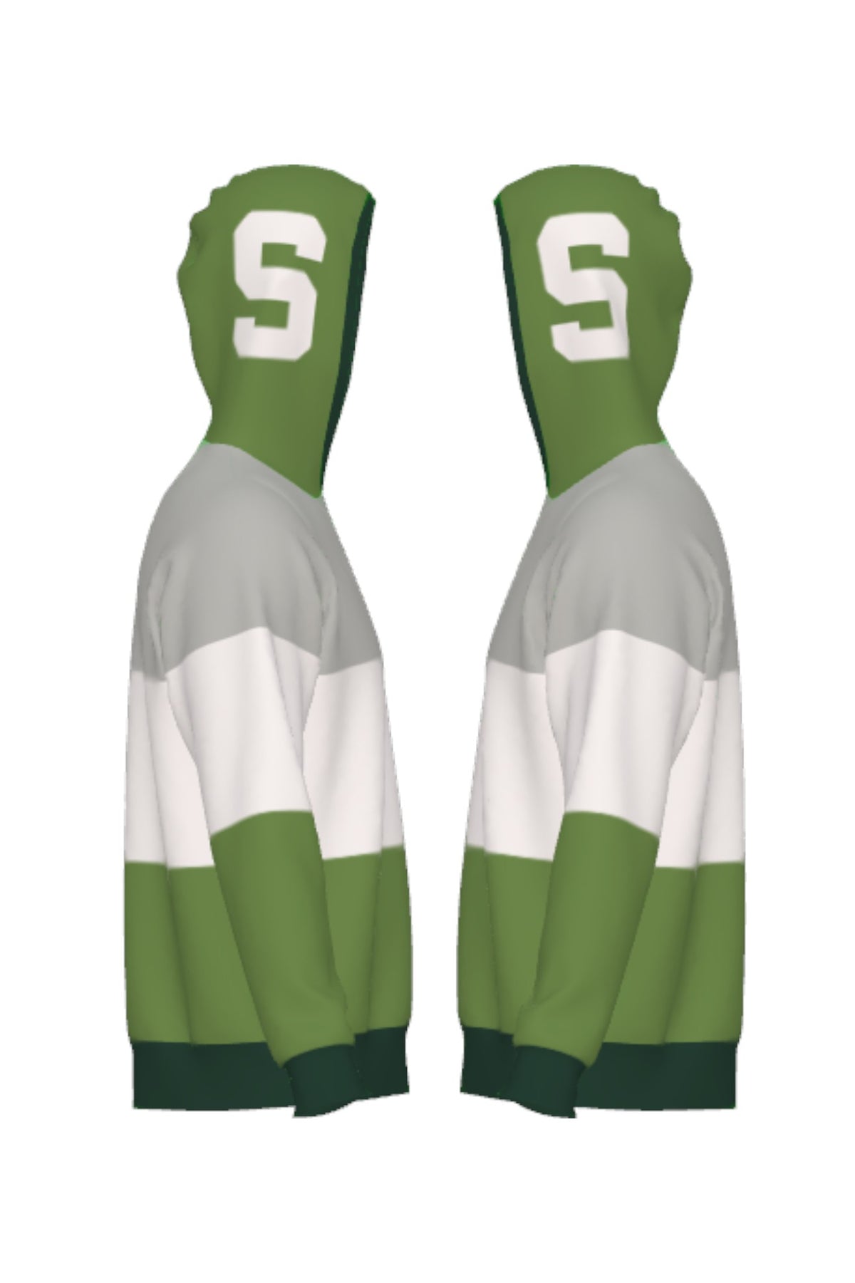 Michigan State Grass Green Varsity Tri Stripe Hooded Knit Sweater with white Block S graphic on grass green hood by SOUNDOFF - side
