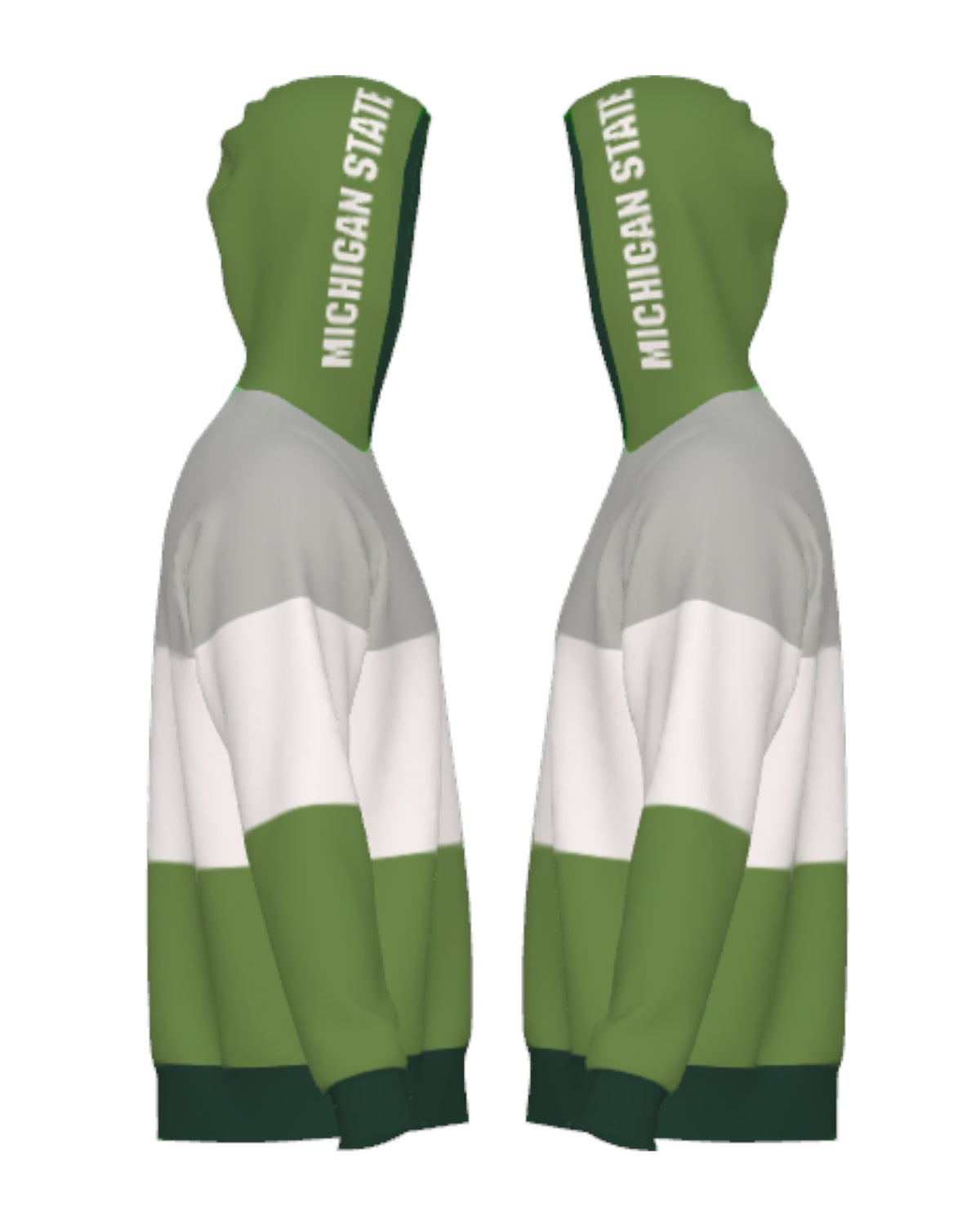 Michigan State Grass Green Varsity Tri Stripe Hooded Knit Sweater with white Block Michigan State graphic on grass green hood by SOUNDOFF - side