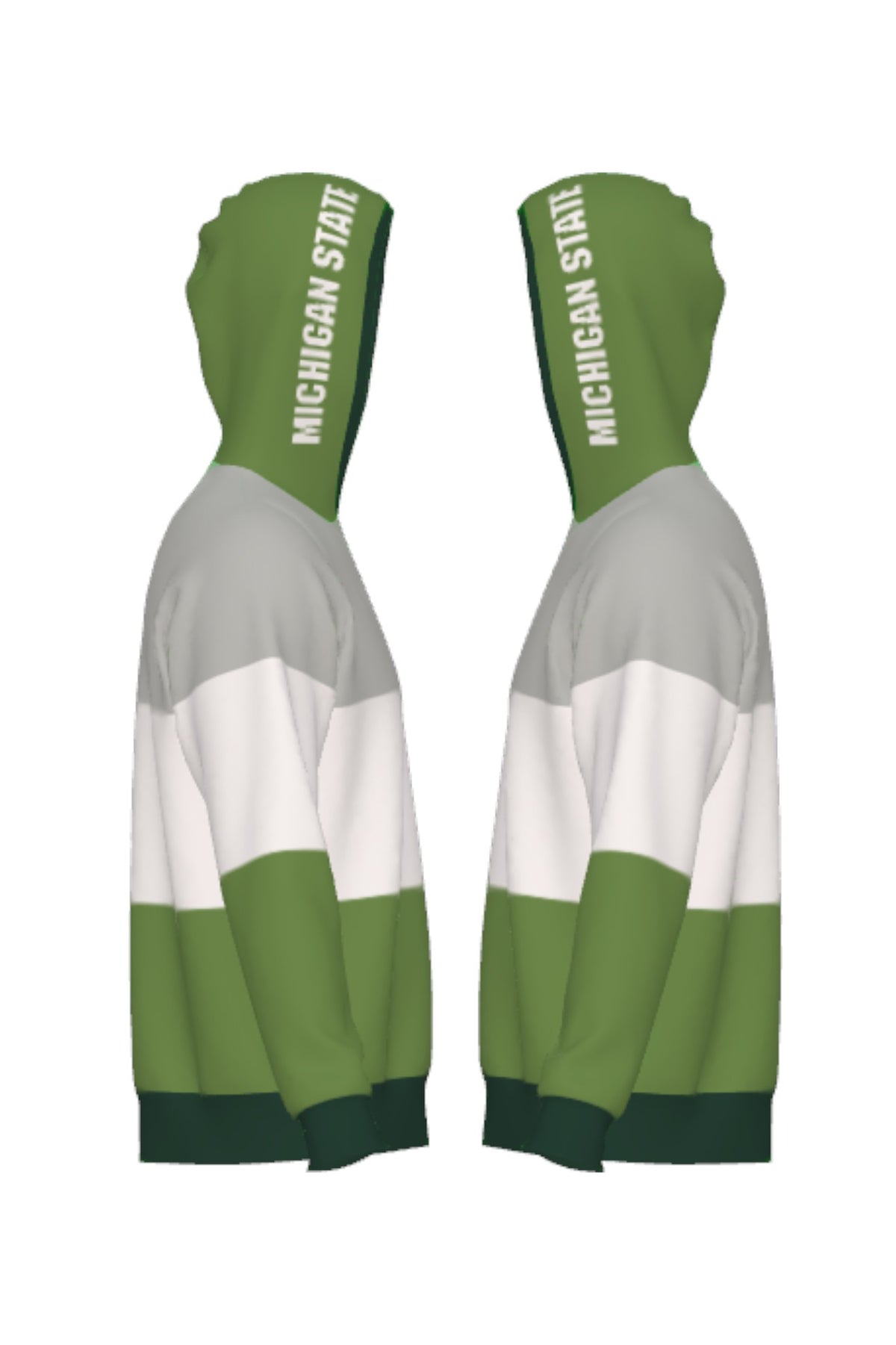 Michigan State Grass Green Varsity Tri Stripe Hooded Knit Sweater with white Block Michigan State graphic on grass green hood by SOUNDOFF - side