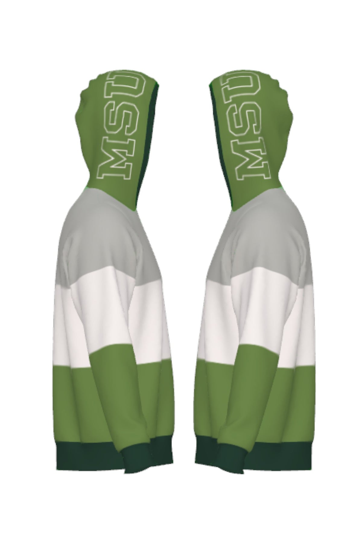 Michigan State Grass Green Varsity Tri Stripe Hooded Knit Sweater with white MSU Outline graphic on grass green hood by SOUNDOFF - side