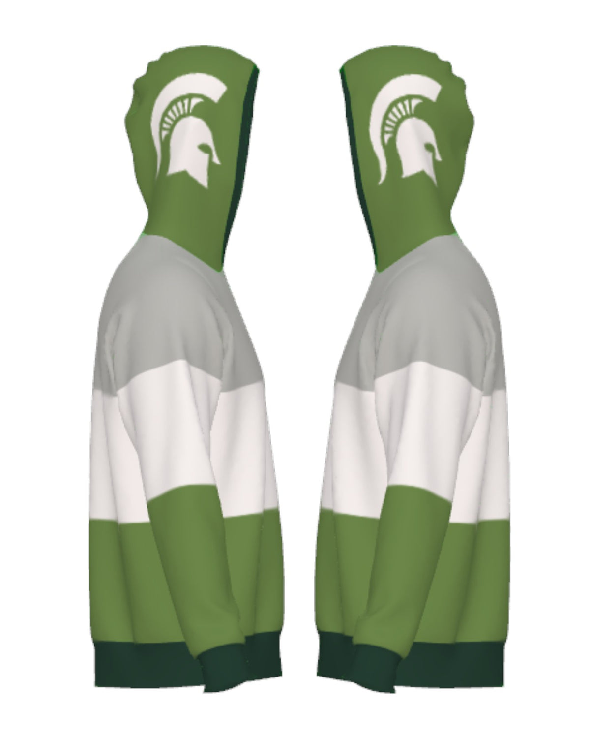 Michigan State Grass Green Varsity Tri Stripe Hooded Knit Sweater with white Spartan Helmet graphic on grass green hood by SOUNDOFF - side