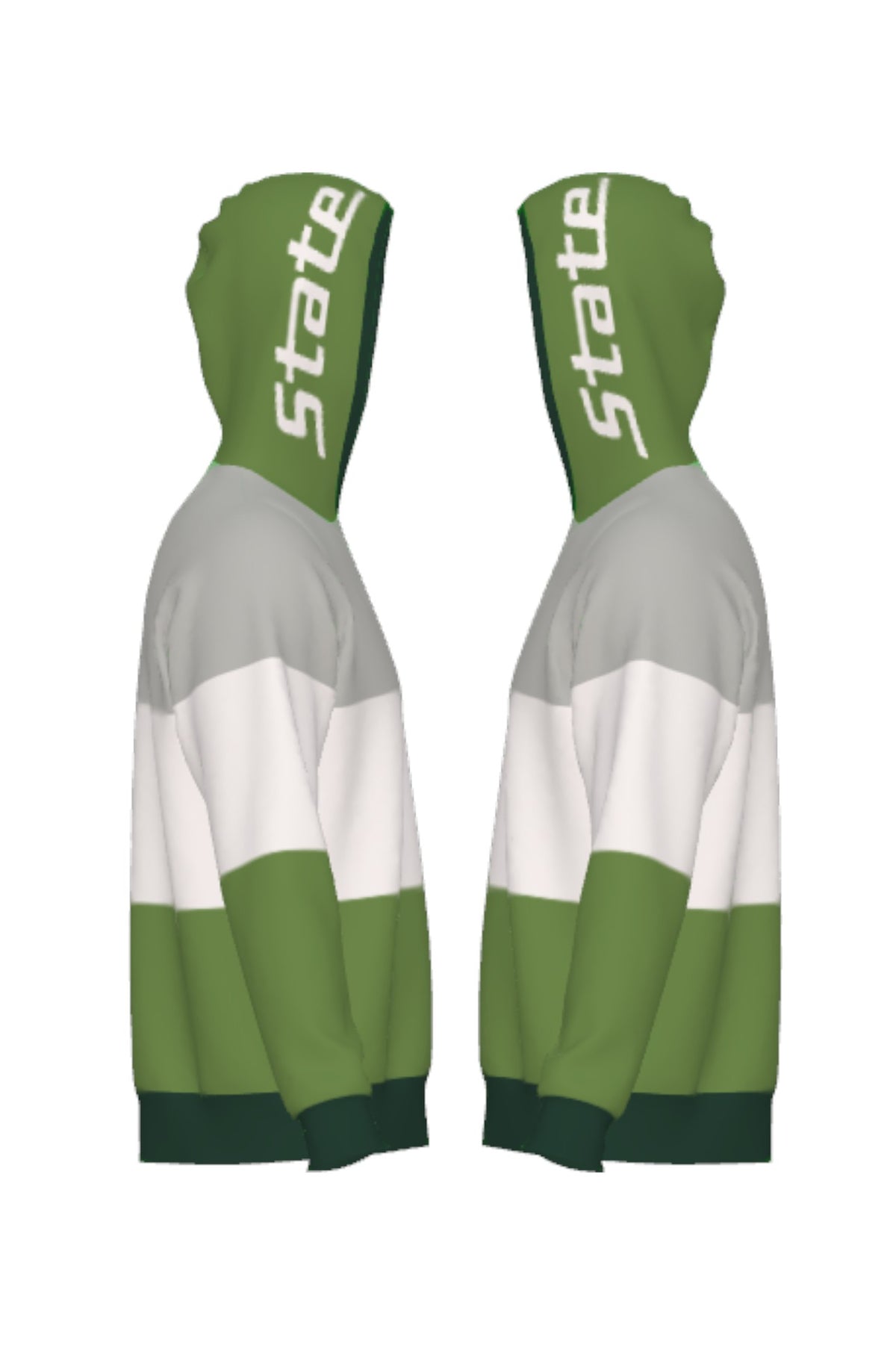 Michigan State Grass Green Varsity Tri Stripe Hooded Knit Sweater with white State script graphic on grass green hood by SOUNDOFF - side