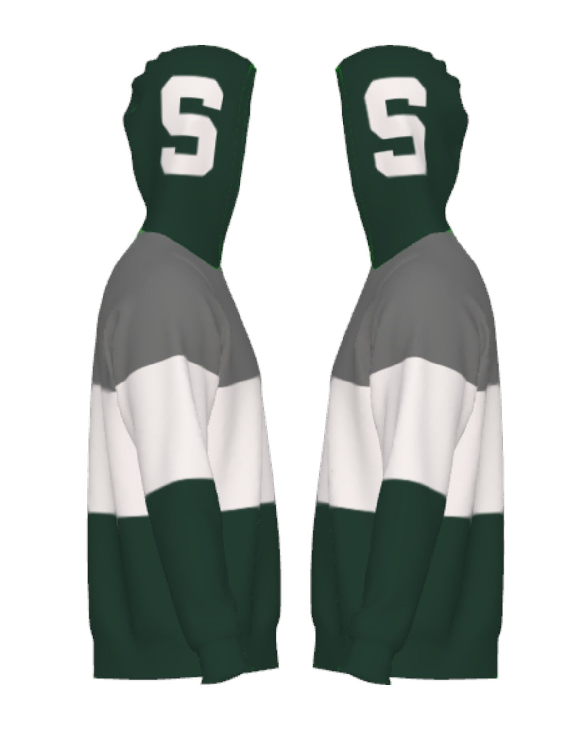 Michigan State Pine Green Varsity Tri Stripe Hooded Knit Sweater with white block S graphic on pine green hood by SOUNDOFF - side